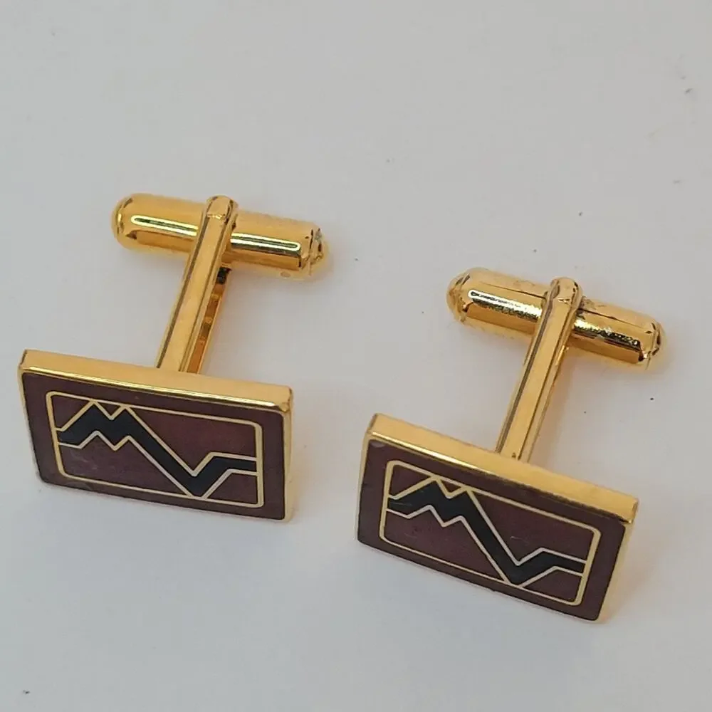 Mario Valentino MV Gold Red Black Tone Rectangle‎ Logo Cufflinks Designer Retro
